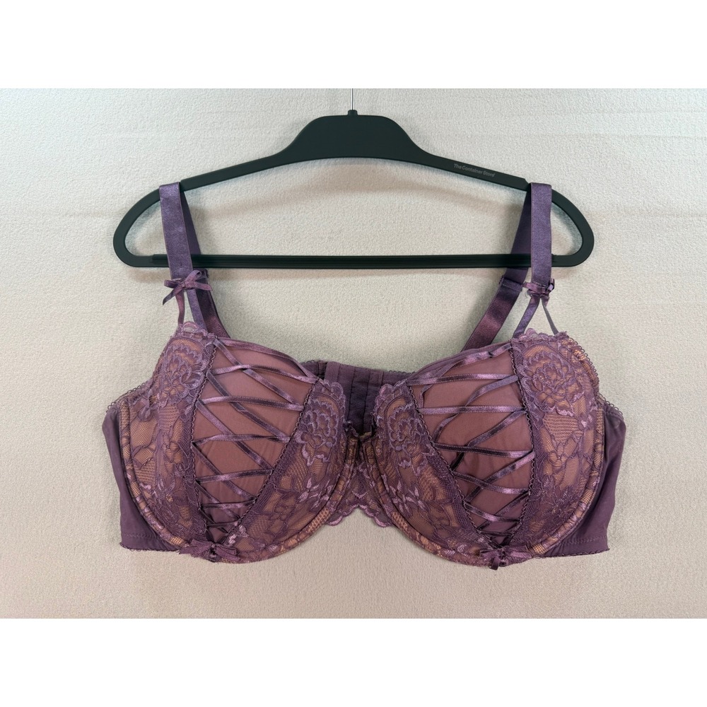 Adore Me Purple Lace Corset Detail Underwire Bra 44DDD Floral Satin Bows - Picture 1 of 7